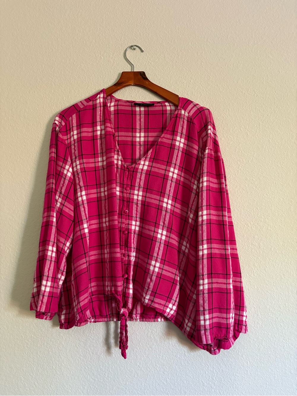 Lane Bryant Hot Pink Plaid Button-Front Tie-Hem Blouse